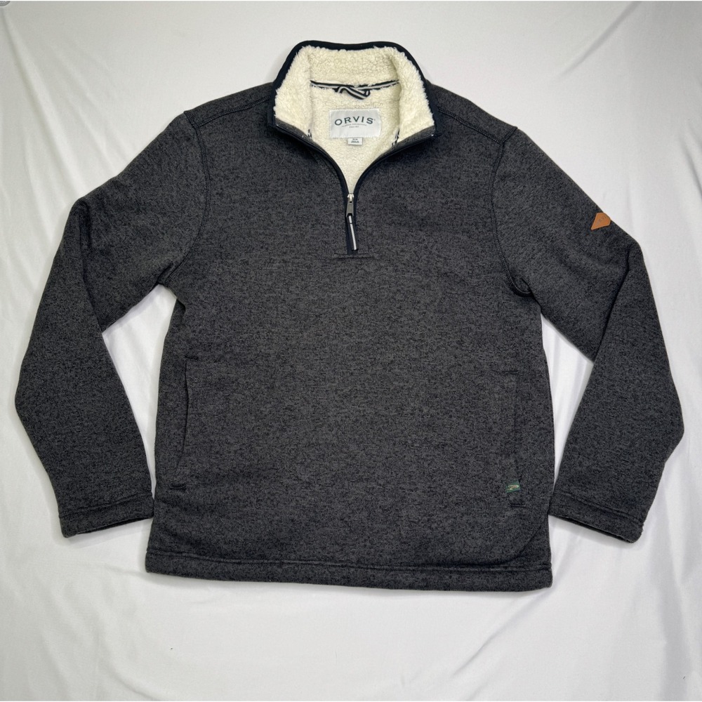 Orvis Mens Quarter Zip Sherpa Lined Fleece Pullover Charcoal Heather Gray M